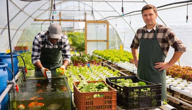 Small-scale farmers testing ph and harvesting lettuce in aquaponic hoophouse for urban farming