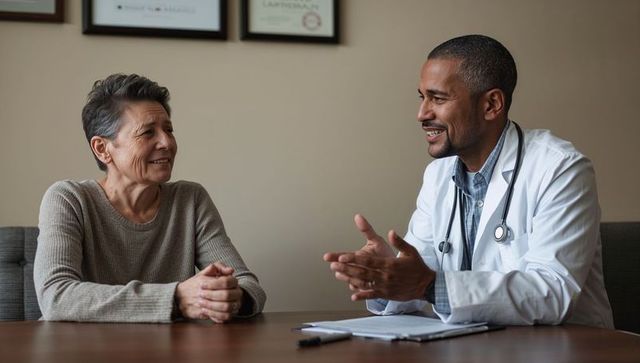 Doctor consulting with senior patient during compassionate clinic consultation and care