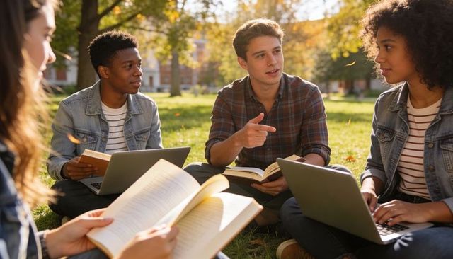 Student-led diverse study group with books and laptops on autumn campus quad