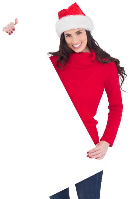 Smiling Brunette in Santa Hat Holding Large White Poster on Transparent Background - Download Free Stock Videos Pikwizard.com