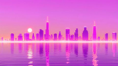 Futuristic Night City with Neon Skyscrapers Reflecting on Water