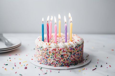 Colorful birthday cake with lit candles and rainbow sprinkles