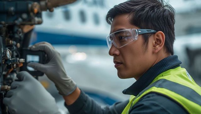 Aircraft technician performing engine maintenance in hangar
