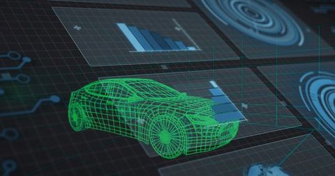 Rendering green 3d wireframe car showing holographic data overlay and cad visualization