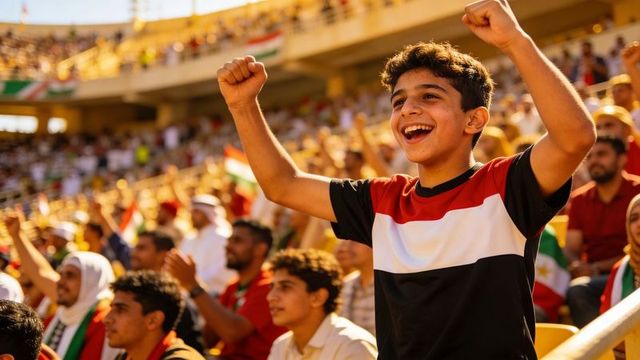 Sunlit stadium celebration: young fan raising arms amid tricolor flags and cheering crowd