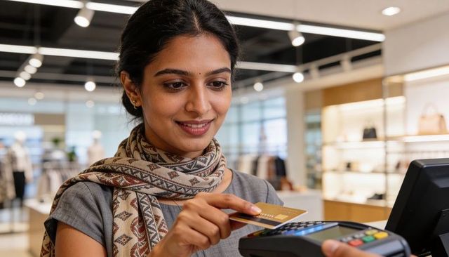 Smiling Woman Tapping Gold Contactless Card at Boutique Checkout for Secure Retail Payment