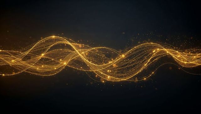 Glowing golden light ribbons flowing over dark gradient with sparkling particle trails