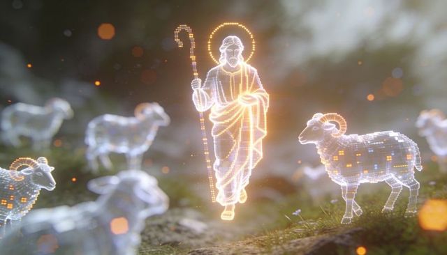 Holographic shepherd guiding pixelated sheep across glowing meadow with haloed crook
