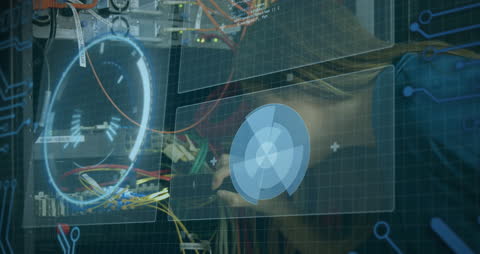 IT Specialist Monitoring Computer Server with Digital Interface