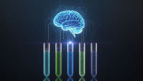 Holographic Brain Connecting to Glowing Test Tubes Visualizing Neural Dataflow and AI
