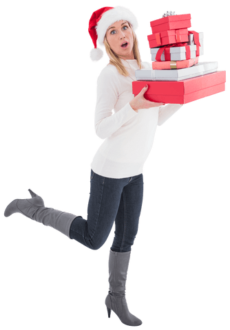 Festive Blonde Holding Christmas Gifts with Joyful Expression