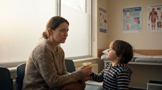 Concerned mother holding child's hands and offering cup in clinic waiting room