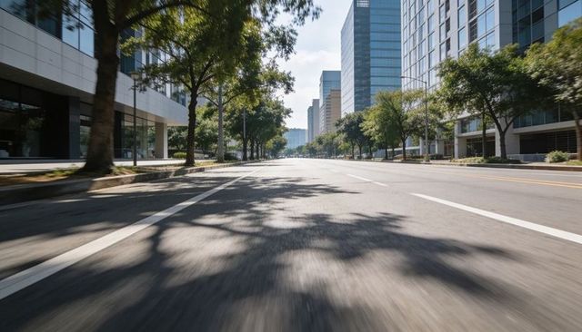 Empty sunlit downtown asphalt avenue with tree shadows, modern glass high-rise buildings