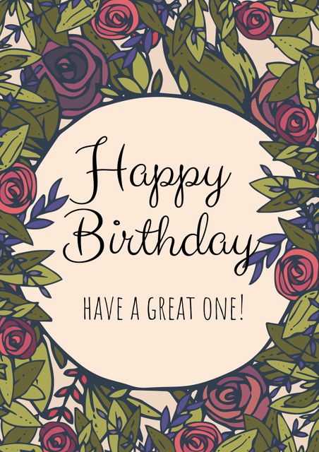 This cheerful birthday card design features a celebratory 'Happy Birthday' message surrounded by a vibrant floral border. Perfect for sending birthday wishes to friends, family, or colleagues. Useful for physical cards, digital e-cards, and social media birthday shoutouts.