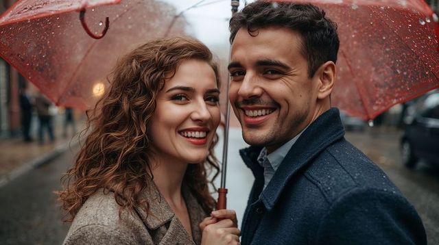 Young couple smiling under red umbrella on rainy urban street, cozy romantic city portrait