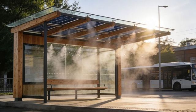 Solar-topped timber bus shelter bathing in warm sunlight and morning mist