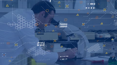 Scientist Analyzing Microscope with Digital Data Overlay