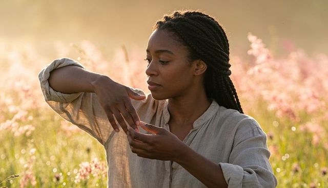 Woman gently inspecting hands in sunlit wildflower meadow wearing linen shirt and braids