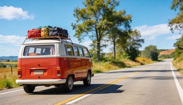 Driving red vintage camper van carrying colorful duffel bags on scenic rural highway