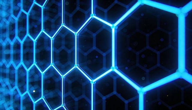 Futuristic neon blue hexagonal network grid showing glowing nodes and digital depth