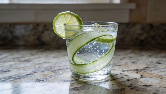 Refreshing cucumber lime sparkling water in short tumbler on granite kitchen counter