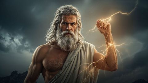 Mythical god with lightning bolt and thunderous clouds