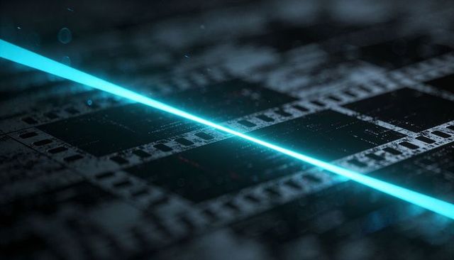 Cutting cyan laser across perforated metal grid with bokeh dust and reflections
