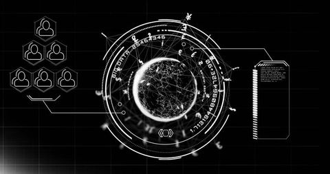 Rotating network globe hud with concentric data rings, linking hex user cluster and panel
