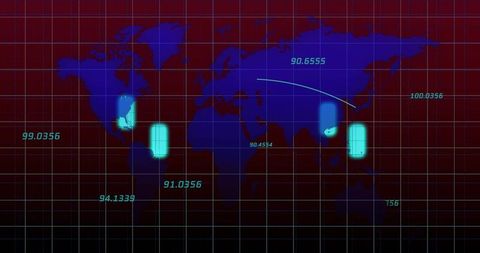 Displaying neon world map dashboard with cyan pill markers tracking global data trajectory