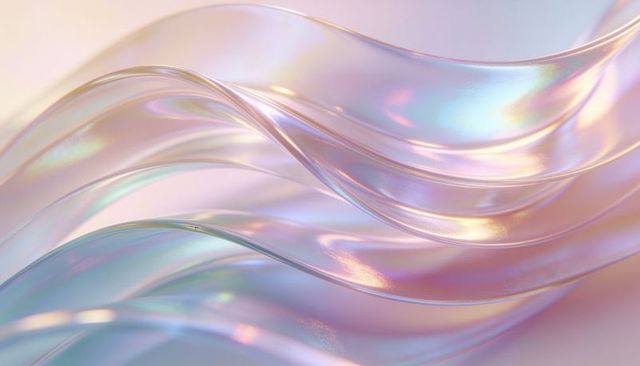 Iridescent sheer ribbons flowing in pastel gradient with glossy pearl highlights