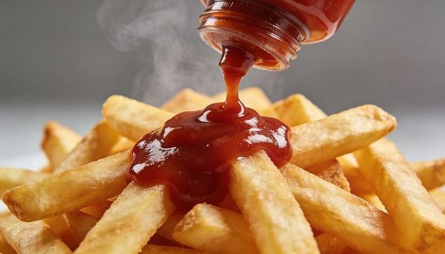 Pouring ketchup over golden crispy fries with rising steam close-up for comfort food