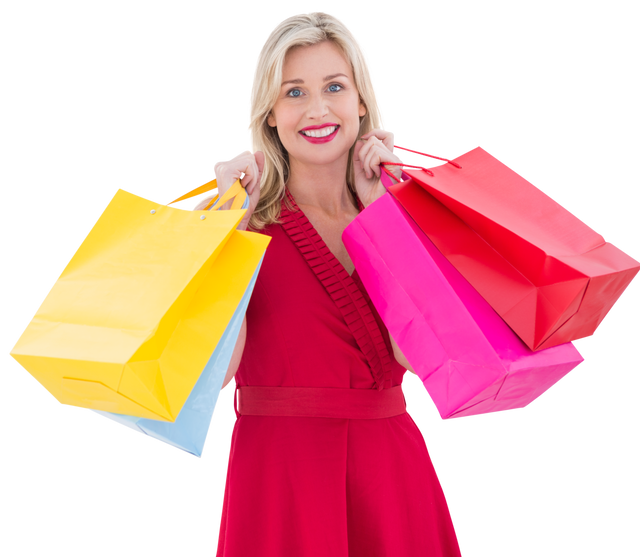 Transparent Woman Holding Colorful Shopping Bags in a Stylish Red Dress - Download Free Stock Videos Pikwizard.com