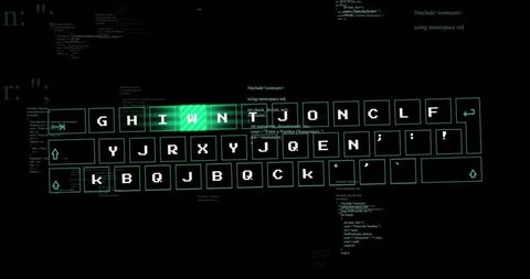 Glowing neon keyboard displaying code for cybersecurity ui and hacker theme futuristic interface