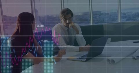 Business team analyzing financial data and dashboards in modern high-rise boardroom