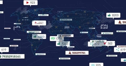 Global network dashboard visualizing real-time social analytics neon world map interface