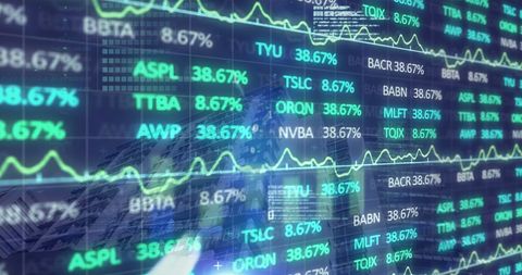 Financial Data Overlay on Modern Office Building