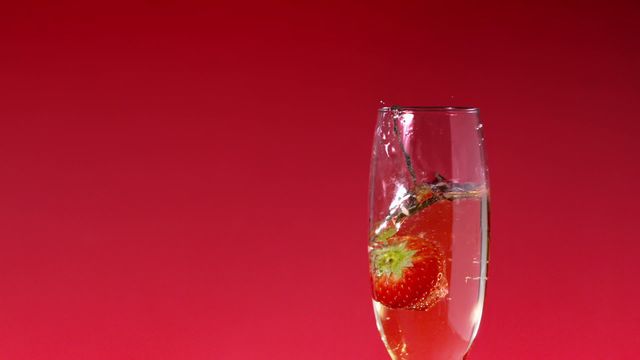 Strawberry splashing into a champagne glass filled with bubbly liquid, creating visual excitement against a bright red background. Ideal for use in advertisements, celebrations, Valentine's Day themes, and luxury lifestyle promotions.