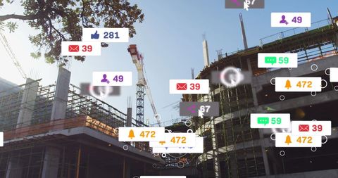 Social Media Icons Overlay on Modern Construction Site