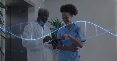 Doctors Analyzing Data with Futuristic DNA Overlay in Clinic