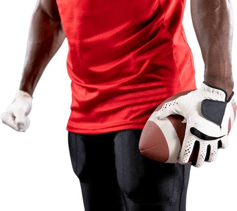 Transparent athletic football player holding ball confidently ready for game