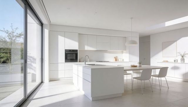 Sunlit Minimalist White Kitchen with Central Island, Integrated Sink, Skylight, Open-Plan Dining