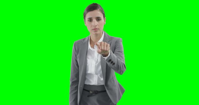 Young businesswoman in formal attire interacting with a virtual touchscreen on a green screen background. Ideal for use in business presentations, tech demonstrations, interactive interfaces, workplace innovation visuals, and marketing materials promoting digital transformations.