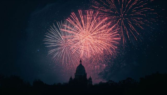 Spectacular night fireworks display over city skyline