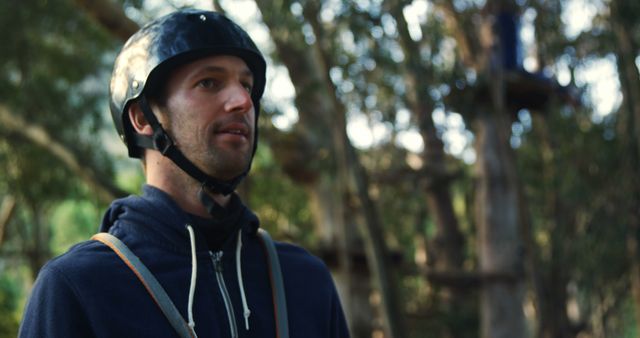 Close-up of Man Wearing Helmet in Outdoor Adventure Park - Download Free Stock Images Pikwizard.com