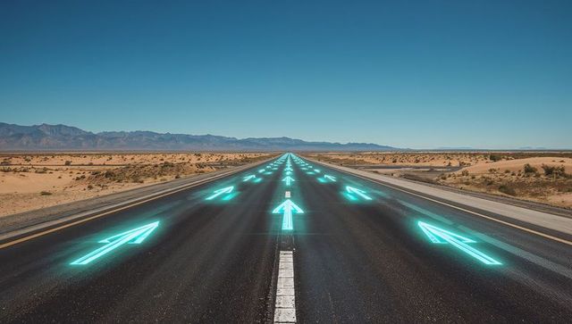 Futuristic neon arrow highway guiding forward through desert toward mountains
