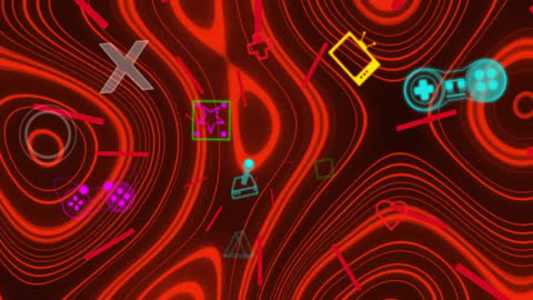 Colorful Video Game Icons on Red Swirled Background