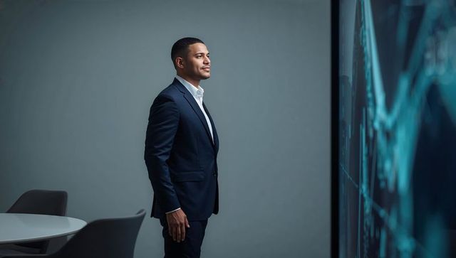 Executive in navy suit viewing blue analytics dashboard on large screen in modern office