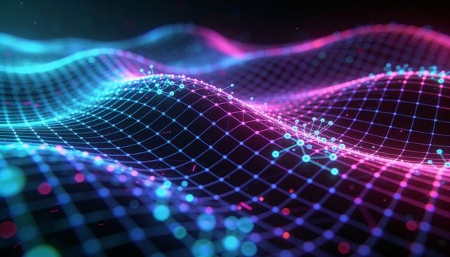 Neon data wave mesh visualizing ai network, digital connectivity and data flow