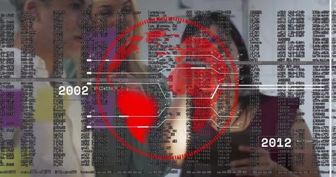 Team reviewing red data globe and timeline overlay 2002–2012 for analytics presentation