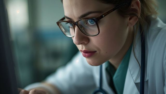 Focused Medical Professional Analyzing Data in Hospital Workspace